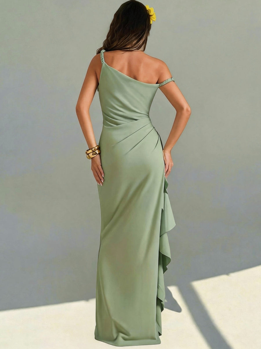 Women's Elegant Off-Shoulder Bridesmaid Dress with Twist Knot Strapless High Slit & Ruffled Wrap - Machine Washable Wedding Party Dress Suitable for Prom, Valentine's Day, Special Occasions, Long Evening Gown - Matcha Color