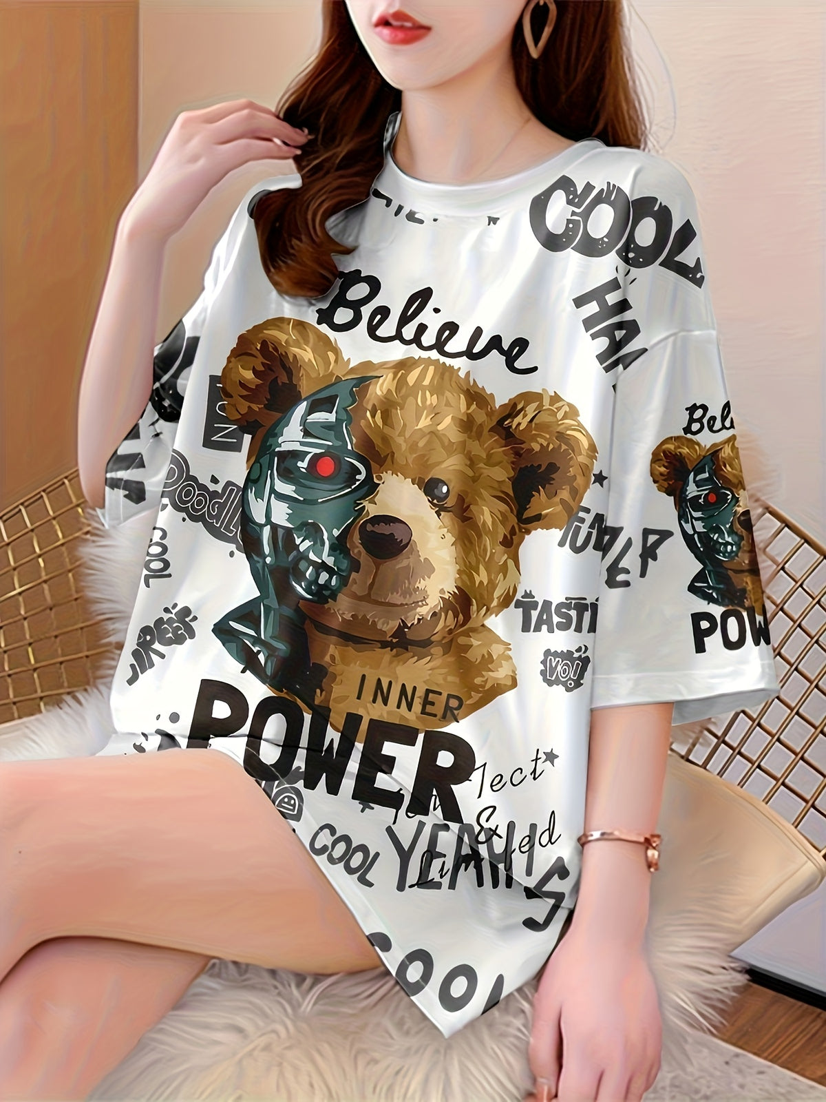 Women's Plus Size Oversized Graphic T-Shirt - Cute Cartoon Bear & Inspirational Text Print, Breathable Stretchy Fabric, Longline Casual Top for Spring Summer Fall, Bear T Shirt, Spring Fashion, Round Neckline, Nontransparent Material, Machine Washable - White
