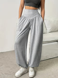 1pc Women'S High-Waist Comfortable Running Pants - Stretchy Soft Wide-Leg Casual Trousers, Suitable for Running And Fitness, Solid Color, All-Season - Light Grey
