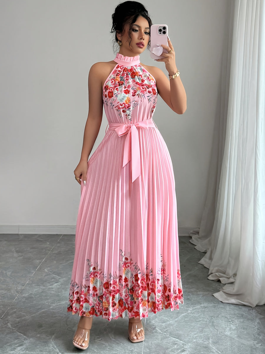 Elegant Romantic Ruffled Neckline And Waist Tie A-Line Pleated Gradient Maxi Dress - Pink
