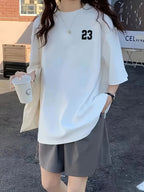 Y2K Style, Trendy Design '23' Number And Letter Double-Sided Printed T-Shirt, Women'S Casual Top, Round Neck, Summer Short-Sleeved Style - White