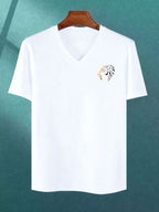 Casual Style Men's V-Neck T-Shirt Panther Print Summer Wear Gift for Him - White