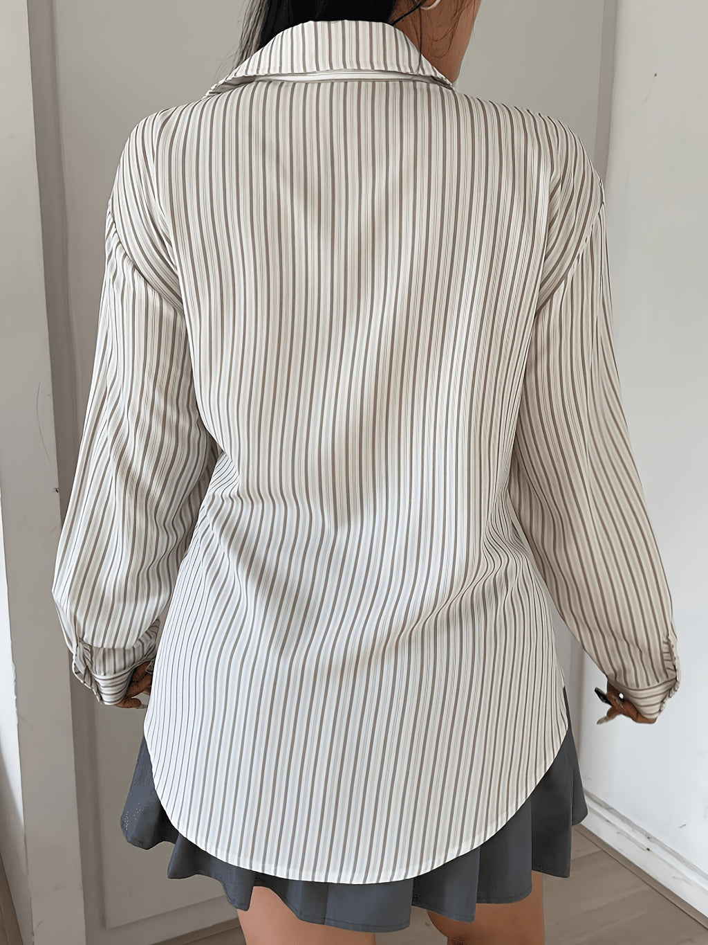 Plus Size - Spring/Autumn New French Premium Sense Striped Irregular Waist Tie Shirt - Off-white