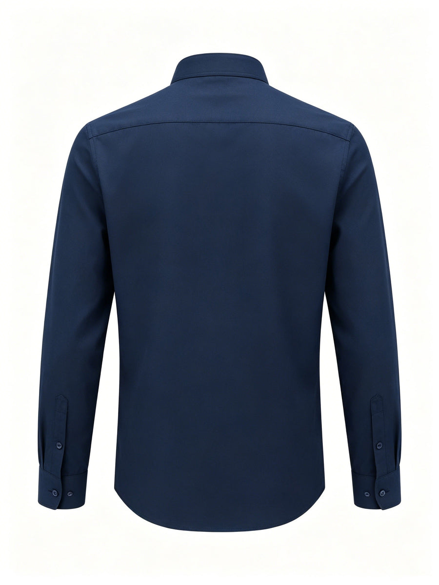 Men'S Mandarin Collar Long Sleeve Dress Shirts, Full Single Button Shirts with Chest Pocket, Solid Color Business & Daily Casual Tops - Navy Color