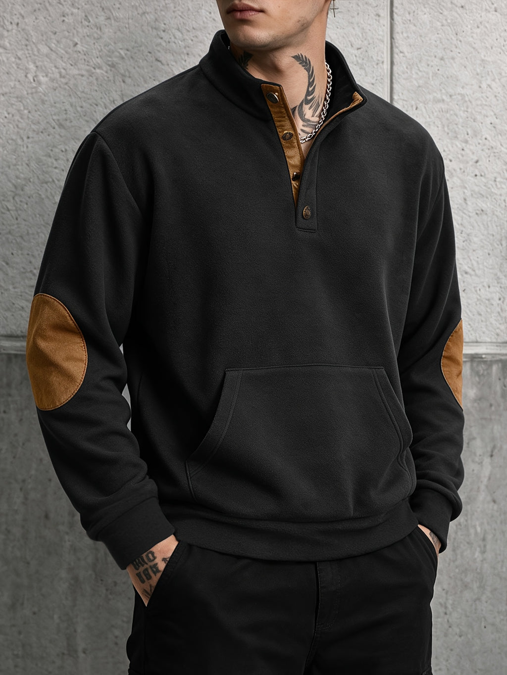 Men's Vintage Sport Stand Collar Half-Zip Sweatshirt with Contrast Color Elbow Patches and Kangaroo Pocket, Top - Black
