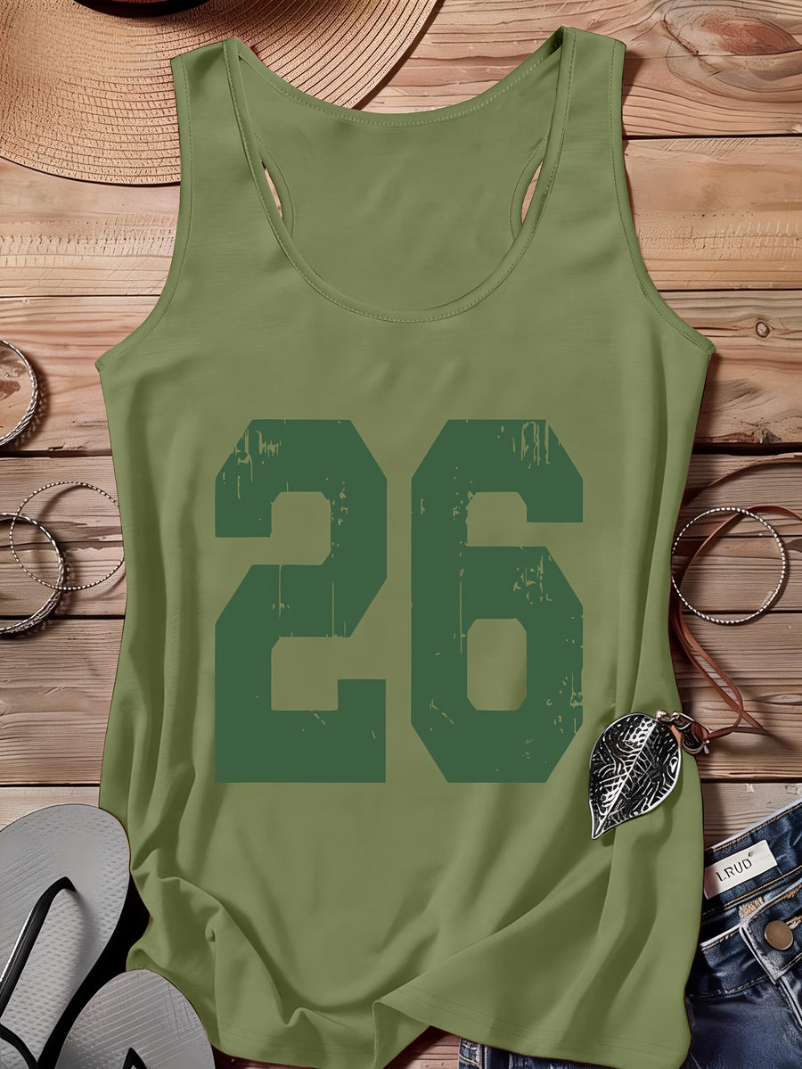 A Series of Arabic Numerals, a Comfortable And Casual Tank Top with a Full Print of The Letter '26', Suitable for Travel, Leisure, And Outdoor Street Scenes - Green