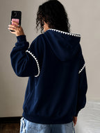 Women's Color-Blocked Shell Lace Patchwork Hooded Sweatshirt with Letter Print, Loose Drop-Shoulder Long-Sleeve Pullover Top, Early Autumn Casual Outerwear for Home, Commuting,, Shopping, and Outings - Navy Color