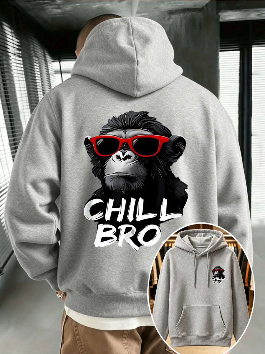 Men's Casual Versatile Hooded Sweatshirt with Fashion Glasses Chimpanzee "CHILL BRO" Fun Double-Sided Graphic Print - Front Kangaroo Pocket, Machine Washable, High-Quality Fabric Suitable for Casual and Sportswear, Daily Comfort - Casual Long-Sleeve - Grey