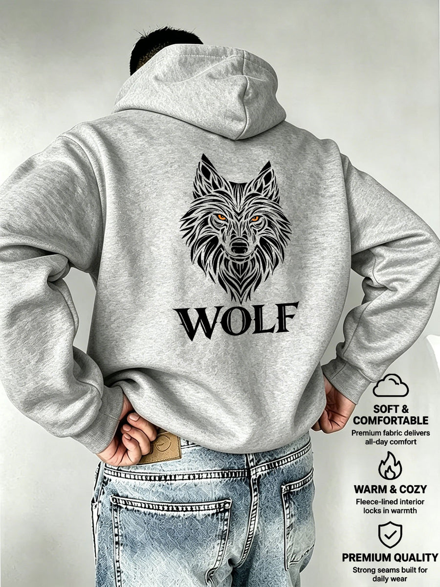 Men's Hooded Sweatshirt WOLF - Realistic Wolf Head Print, European and American Dark Style Men's Casual Sweatshirt - Light Grey