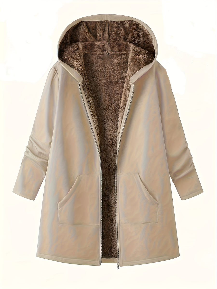Solid Color Thermal Lined Hooded Jacket for Autumn/Winter Warmth and Casual Wear - Khaki
