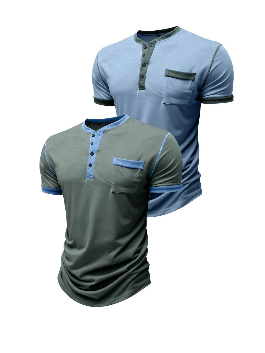 Summer Men'S Short Sleeve T-Shirt Classic Henry Shirt Men'S Short Sleeve Shirt Soft And Skin-Friendly A Must-Have for Summer Breathable And Cool Two-Piece Set for - Green with Light Blue