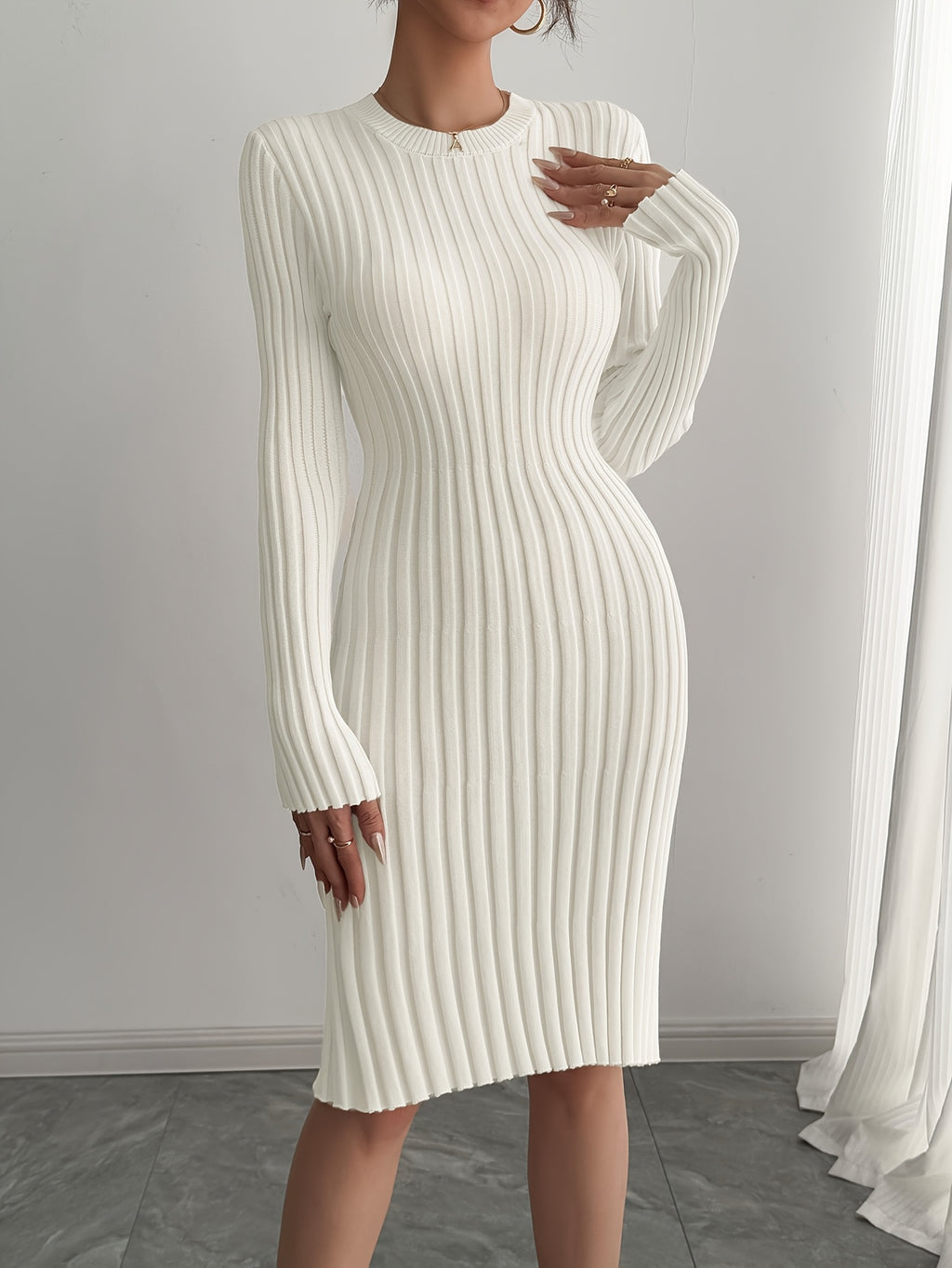 Women's Elegant Ribbed Pleated Long Sleeve Crew Neck Sweater Dress - Solid Color, Non-Transparent, Hand Wash/Dry Clean, Versatile for Casual & Formal Wear, Sweater, Everyday Fashion, Minimalistic Design, Nontransparent Fabric - Off-white