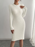 Women's Elegant Ribbed Pleated Long Sleeve Crew Neck Sweater Dress - Solid Color, Non-Transparent, Hand Wash/Dry Clean, Versatile for Casual & Formal Wear, Sweater, Everyday Fashion, Minimalistic Design, Nontransparent Fabric - Off-white