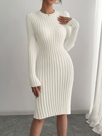 Women's Elegant Ribbed Pleated Long Sleeve Crew Neck Sweater Dress - Solid Color, Non-Transparent, Hand Wash/Dry Clean, Versatile for Casual & Formal Wear, Sweater, Everyday Fashion, Minimalistic Design, Nontransparent Fabric - Off-white
