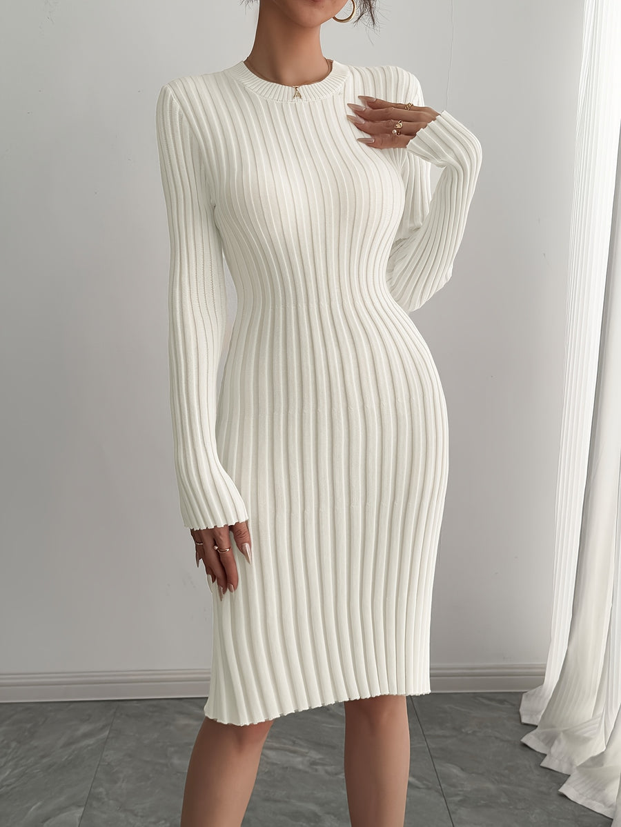Women's Elegant Ribbed Pleated Long Sleeve Crew Neck Sweater Dress - Solid Color, Non-Transparent, Hand Wash/Dry Clean, Versatile for Casual & Formal Wear, Sweater, Everyday Fashion, Minimalistic Design, Nontransparent Fabric - Off-white