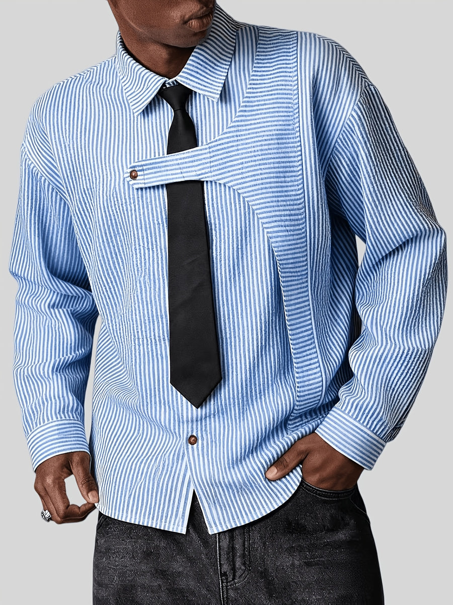 Men's Striped Long-Sleeve Shirt with Free Tie - New Spring, Summer, Autumn Niche Design Lapel Striped Casual Shirt - Suitable for Daily Outings, Commuting to Work, Dates, and as a Gift for Friends and Family - Stylish and Versatile Long-Sleeve Shirt - Blue And White Stripes