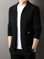 Du Jing Lan OBM Spring/Autumn New Arrival Men's Knit Cardigan, Old Money Style Solid Color Striped Single-Breasted Open Front Lapel Knit Cardigan, Men's Business Casual Fashion Single-Breasted Open Front Knit Cardigan Top, Suitable for Spring - Black