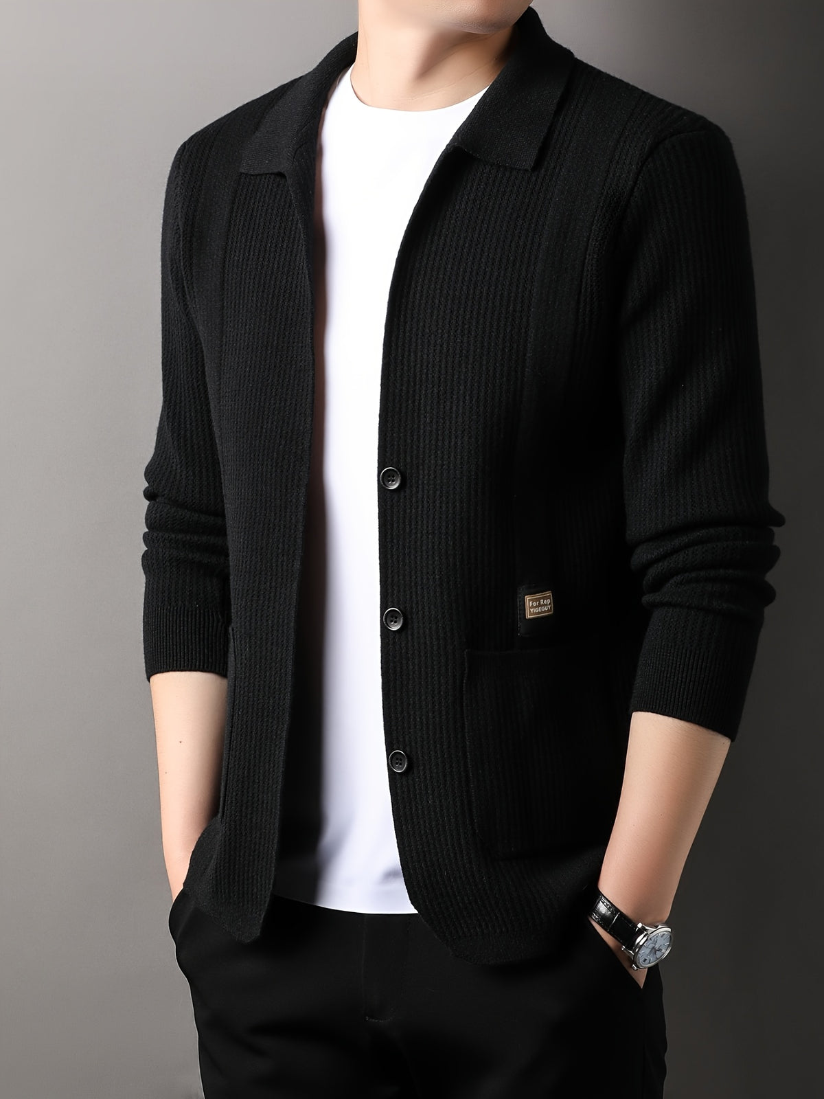 Du Jing Lan OBM Spring/Autumn New Arrival Men's Knit Cardigan, Old Money Style Solid Color Striped Single-Breasted Open Front Lapel Knit Cardigan, Men's Business Casual Fashion Single-Breasted Open Front Knit Cardigan Top, Suitable for Spring - Black
