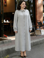 Eid Al-Fitr Abaya Dress Elegant Women'S Dress Solid Color Ruffle Round Neck Drawstring Button Long Sleeve Dress Casual Home Commute Dress - Grey