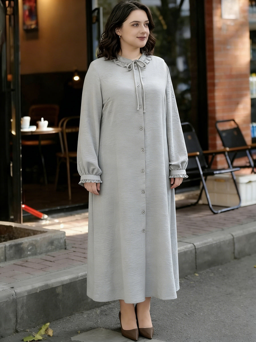 Eid Al-Fitr Abaya Dress Elegant Women'S Dress Solid Color Ruffle Round Neck Drawstring Button Long Sleeve Dress Casual Home Commute Dress - Grey