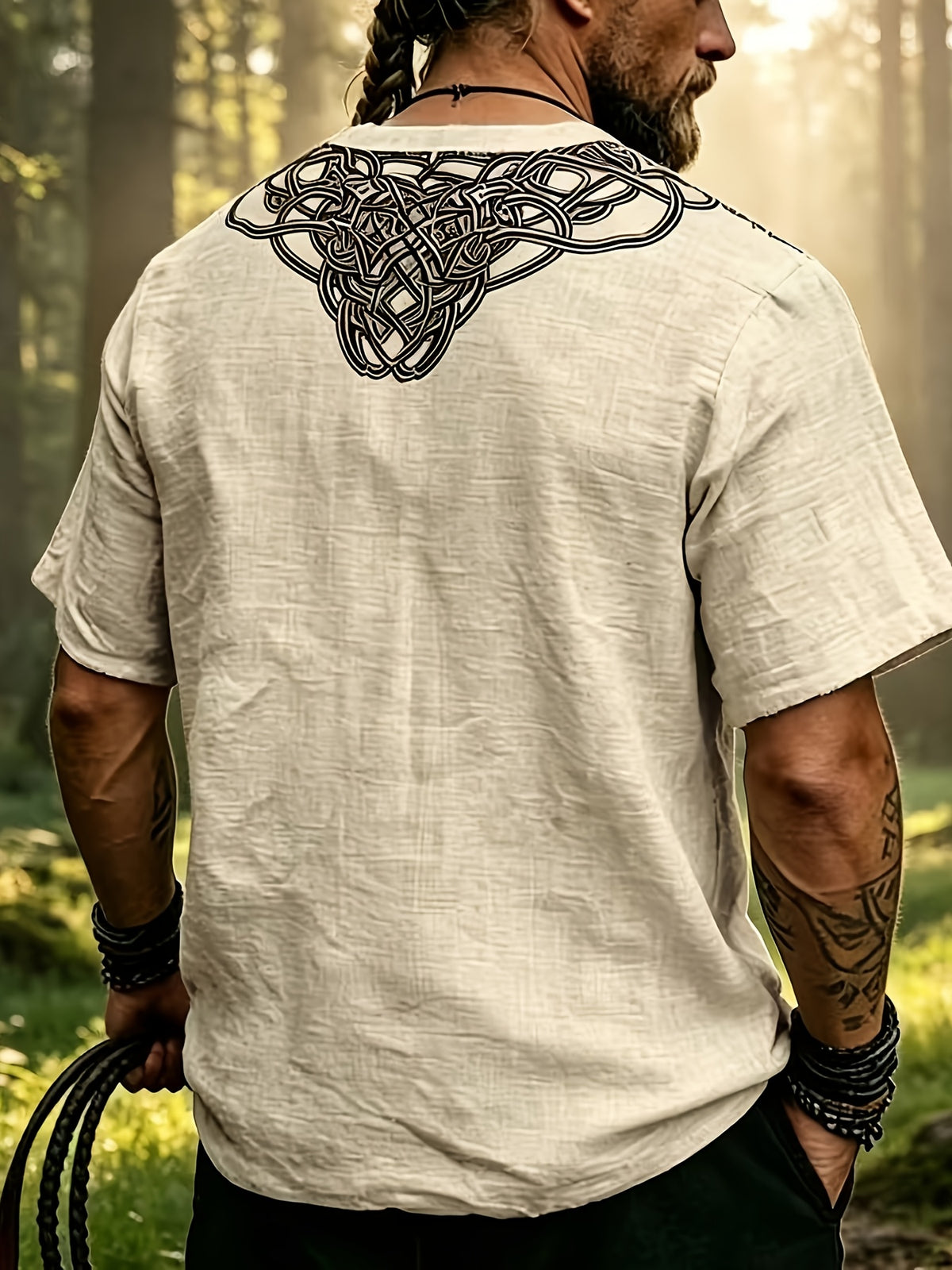 2026 Summer New Men'S Ethnic Style Short Sleeve Print V-Neck T-Shirt, Loose Casual Top - Apricot