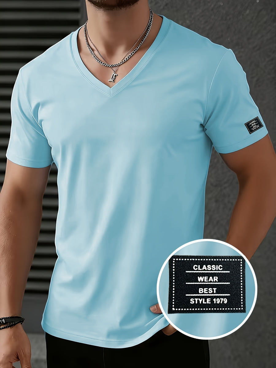 Men'S Patchwork V-Neck Short Sleeve T-Shirt, Suitable for Summer Outdoor Casual Wear, Casual Versatile Knit Top - Sky Blue