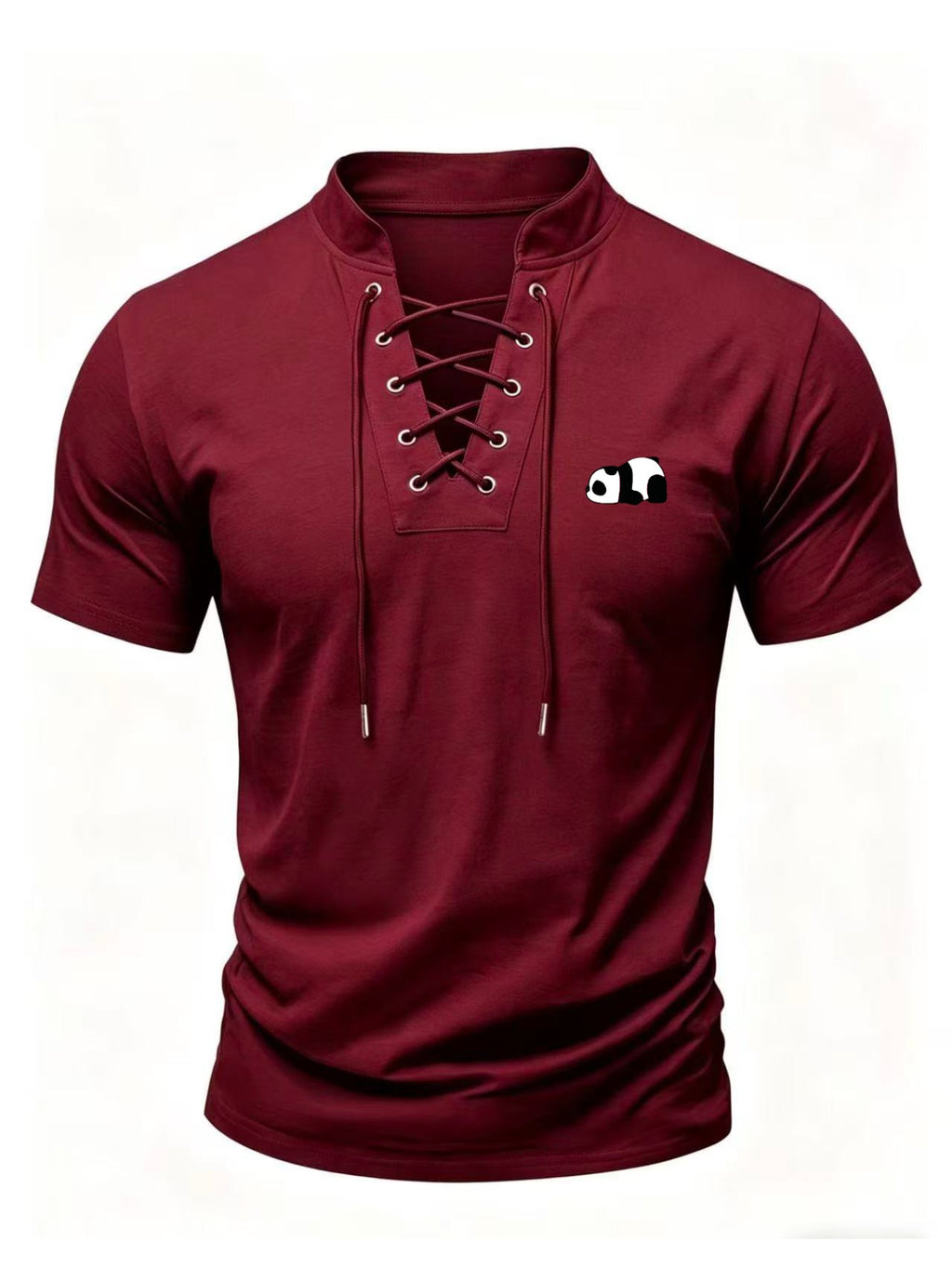 Men'S Summer New Style Henley Collar Tie-Front Short Sleeve T-Shirt, Individual And Fun Print Design with Texture, High-Elastic Regular Fit Made of Breathable And Skin-Friendly Fabric, Suitable for Daily Outings, Fishing, Outdoor Cycling, Running - Burgundy