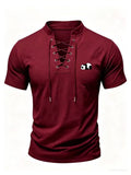Men'S Summer New Style Henley Collar Tie-Front Short Sleeve T-Shirt, Individual And Fun Print Design with Texture, High-Elastic Regular Fit Made of Breathable And Skin-Friendly Fabric, Suitable for Daily Outings, Fishing, Outdoor Cycling, Running - Burgundy