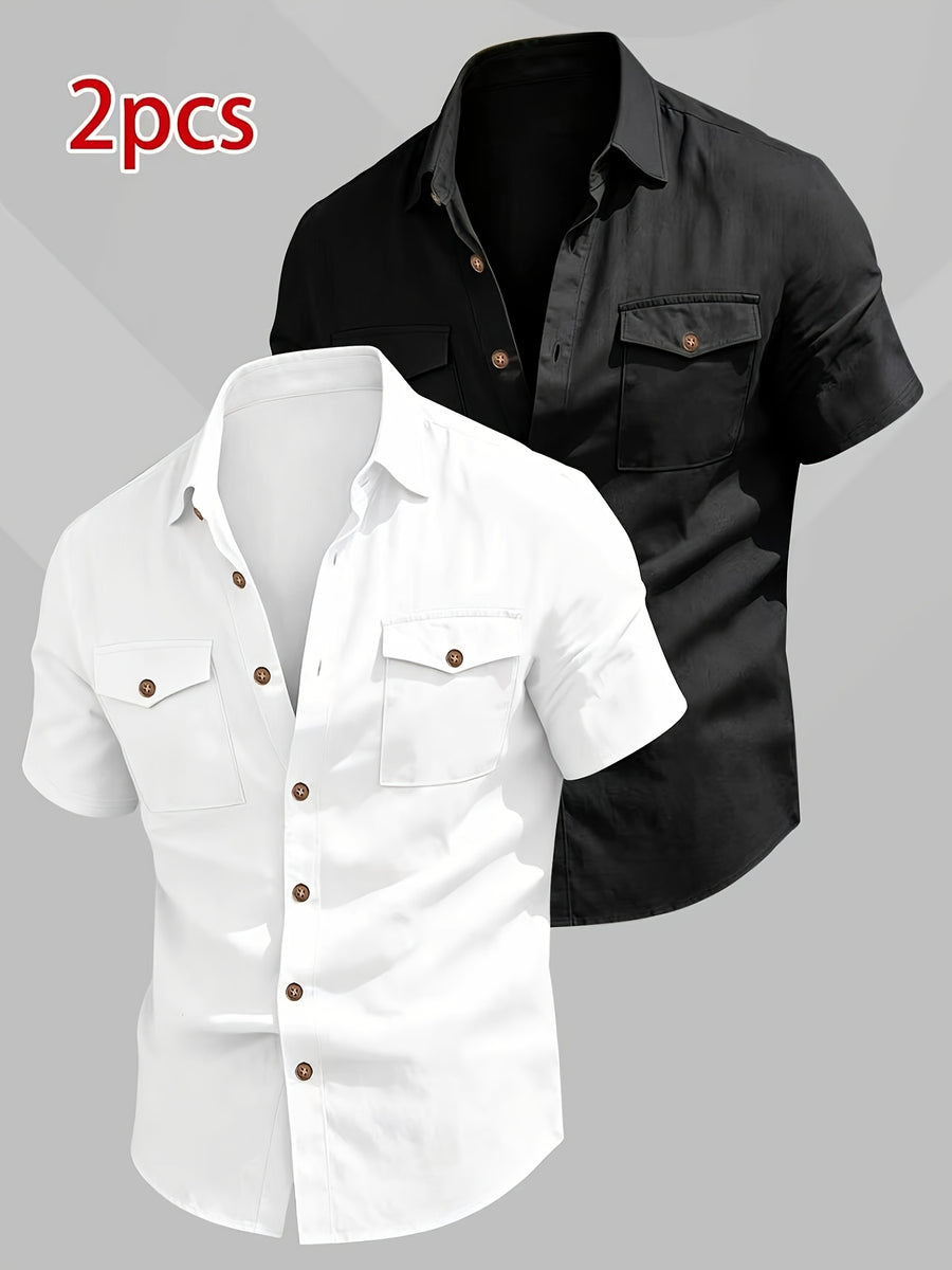 Zhiyu OBM 2pcs Fashionable New Men's Short-Sleeve Shirts, 2pcs with Dual Pocket Design, Suitable for Commuting, Casual Wear, and Vacations - White Black