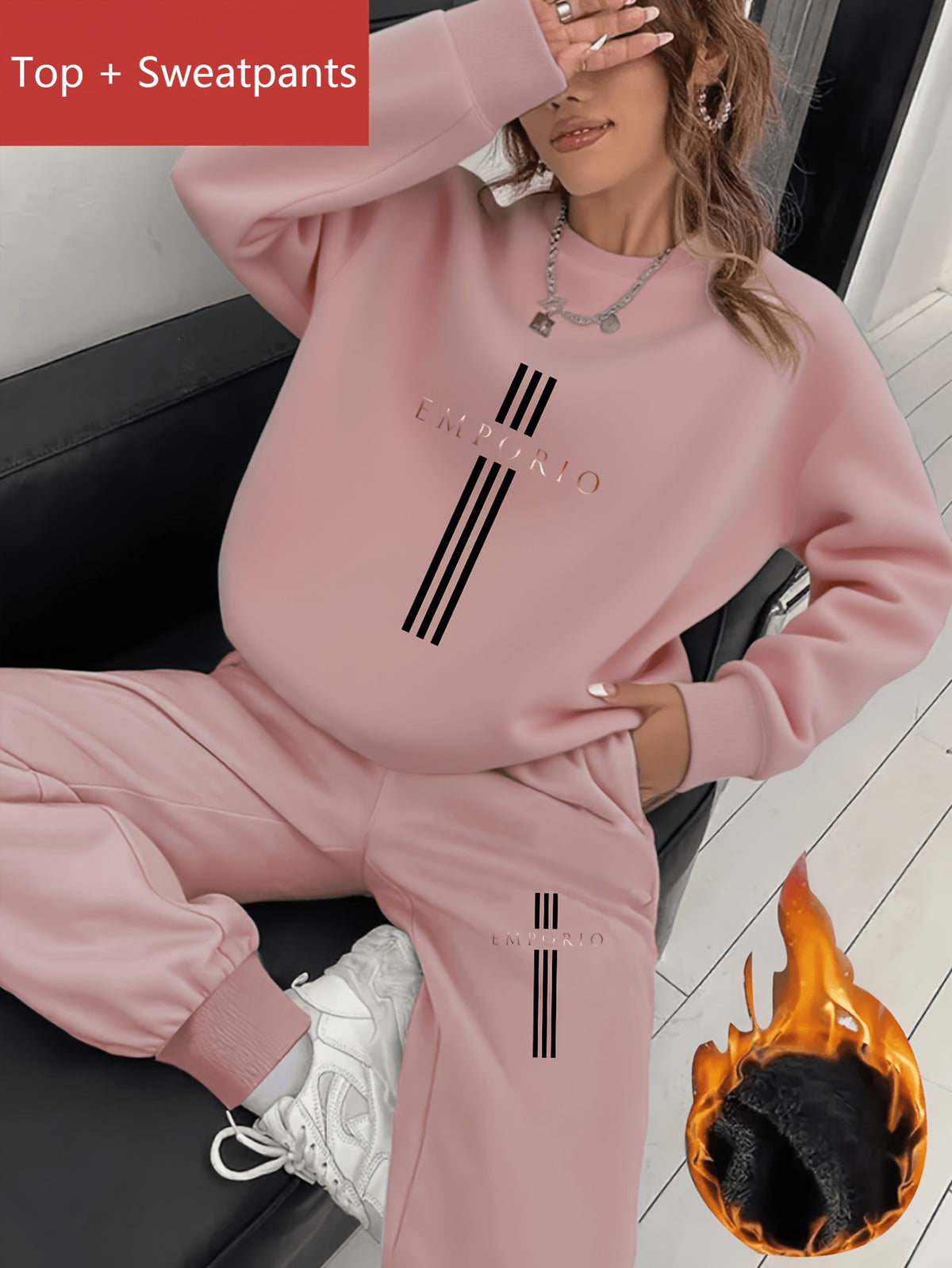 2pcs Women's Y2K Sport Sweatshirt Set with Matching Jogger Pants - -Lined Crewneck Set, Suitable for Winter, Multiple Colors, Polyester Material, Machine Washable, for Daily Sportswear, Casual Sporty Style, Fitness Wear - pink color