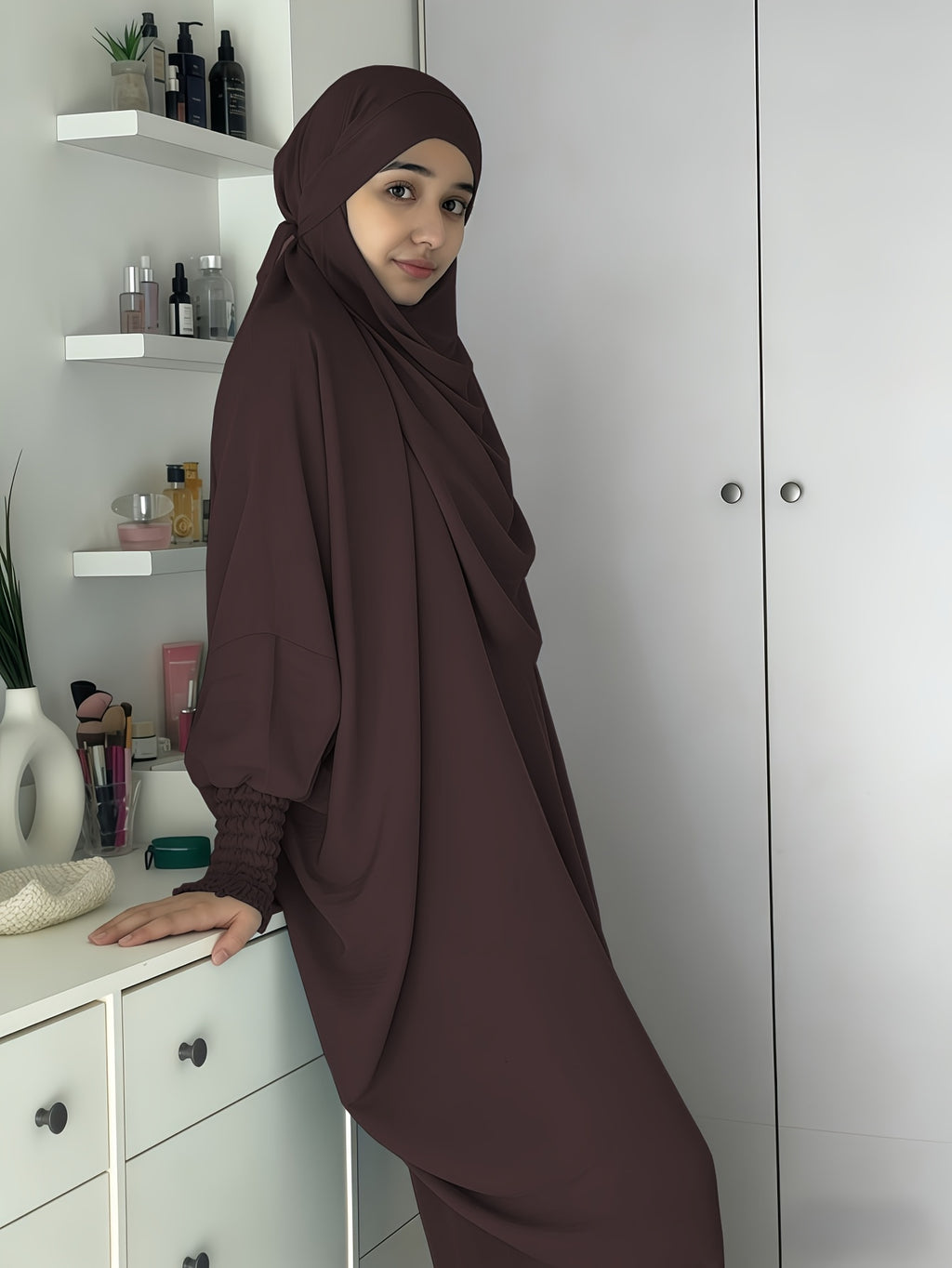 Khimar and Abaya Jilbab Dress, Loose Robe with Elastic Sleeves, High Privacy, Premium Jilbab for Muslim Women, Prayer Headscarf, Islamic Clothing, Khimar - Coffee Color