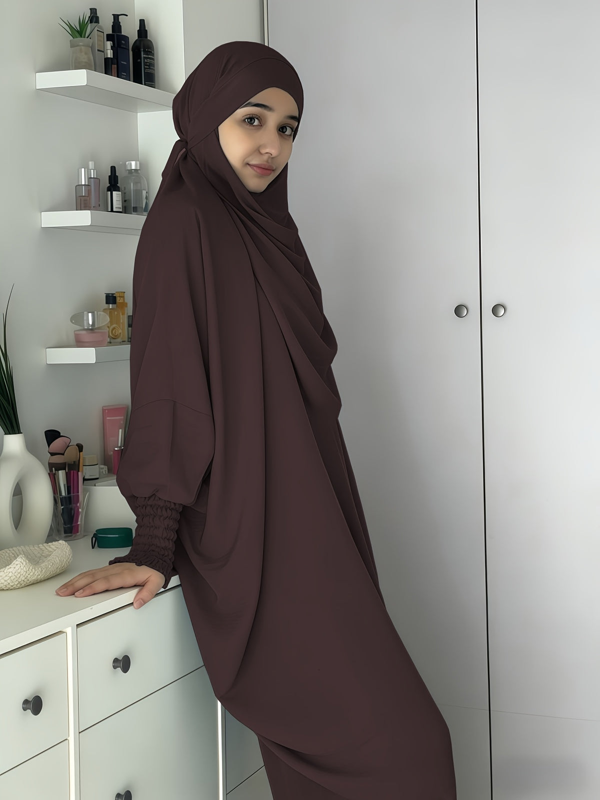 Khimar and Abaya Jilbab Dress, Loose Robe with Elastic Sleeves, High Privacy, Premium Jilbab for Muslim Women, Prayer Headscarf, Islamic Clothing, Khimar - Coffee Color