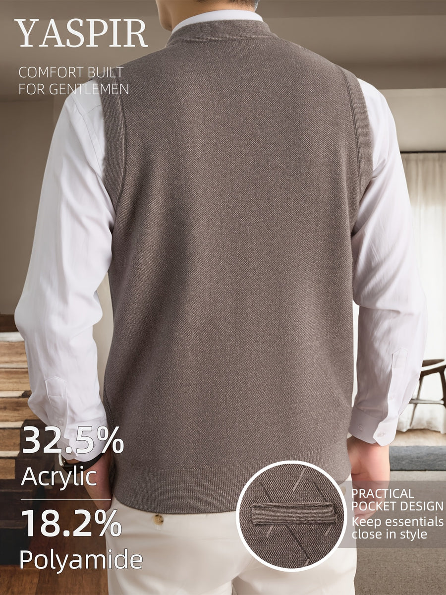 Men's Fall Winter Knit Vest with Elegant Open Front Design and Dual Pockets. Classic Old Money Style with Warmth and Comfort, Perfect for Business Casual, Daily Wear, Outdoor Activities, and Travel. A Stylish Gift Choice for Dad or Husband. - Camel