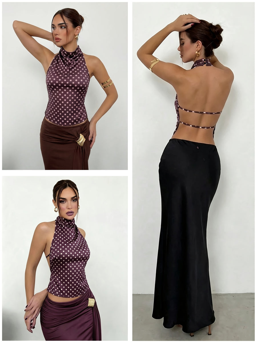 Women'S Summer Elegant Polka Dot Backless Vest Top, Fashionable Outfit, Vacation Top - Burgundy
