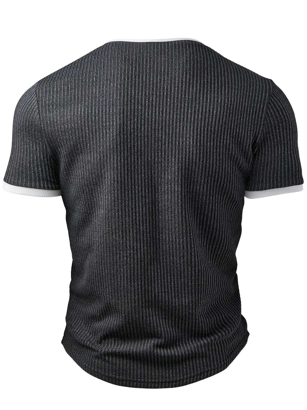 Men's Fashion Top, Spring/Summer Casual Style with Ribbed Textured Fabric, Color-Block Patchwork, Small V-Neck Short Sleeve Henley Shirt - Dark Gray