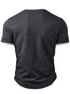 Men's Fashion Top, Spring/Summer Casual Style with Ribbed Textured Fabric, Color-Block Patchwork, Small V-Neck Short Sleeve Henley Shirt - Dark Gray