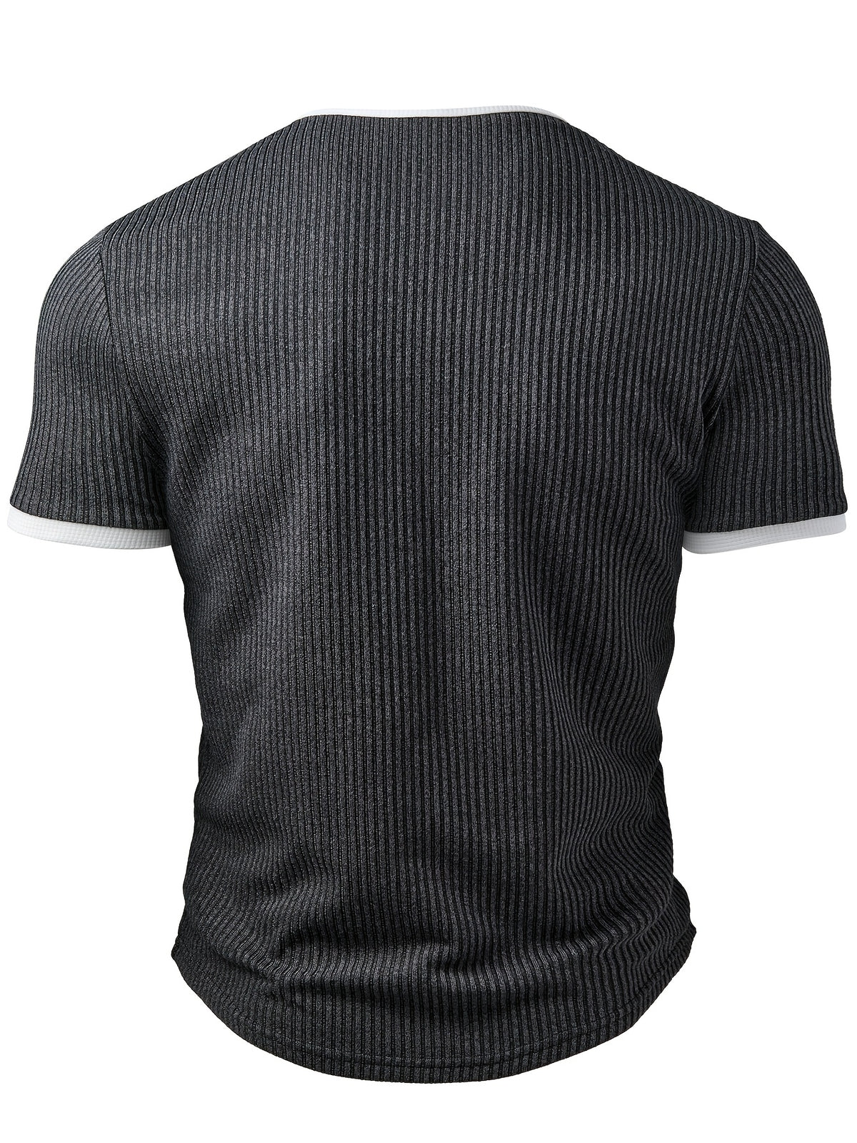 Men's Fashion Top, Spring/Summer Casual Style with Ribbed Textured Fabric, Color-Block Patchwork, Small V-Neck Short Sleeve Henley Shirt - Dark Gray