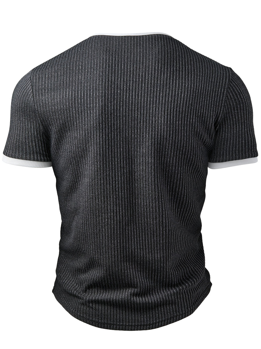 Men's Fashion Top, Spring/Summer Casual Style with Ribbed Textured Fabric, Color-Block Patchwork, Small V-Neck Short Sleeve Henley Shirt - Dark Gray