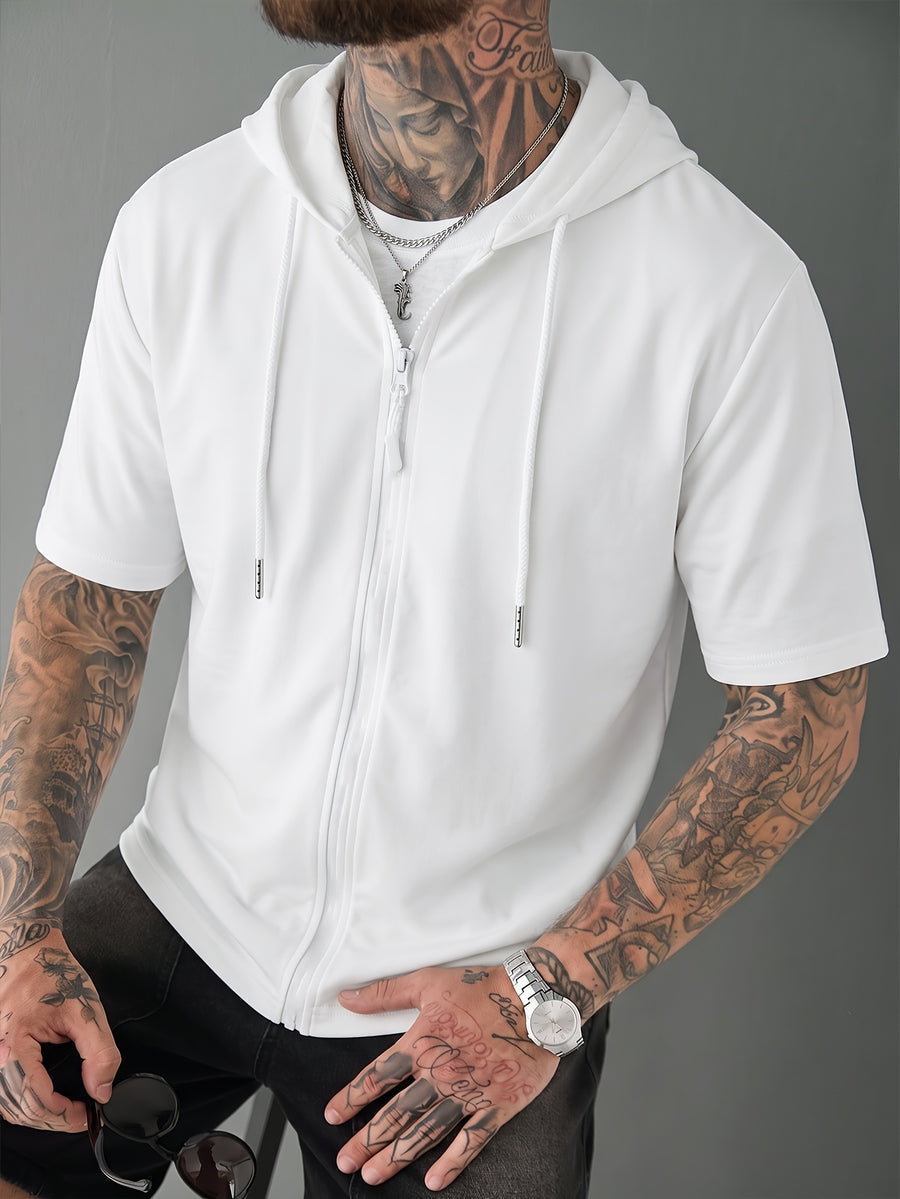 Summer Men'S New Solid Color Hooded Short Sleeve with Zipper Casual Sport Comfortable Cool Outing Airport Business Travel Commute Daily 2HLT79 - White