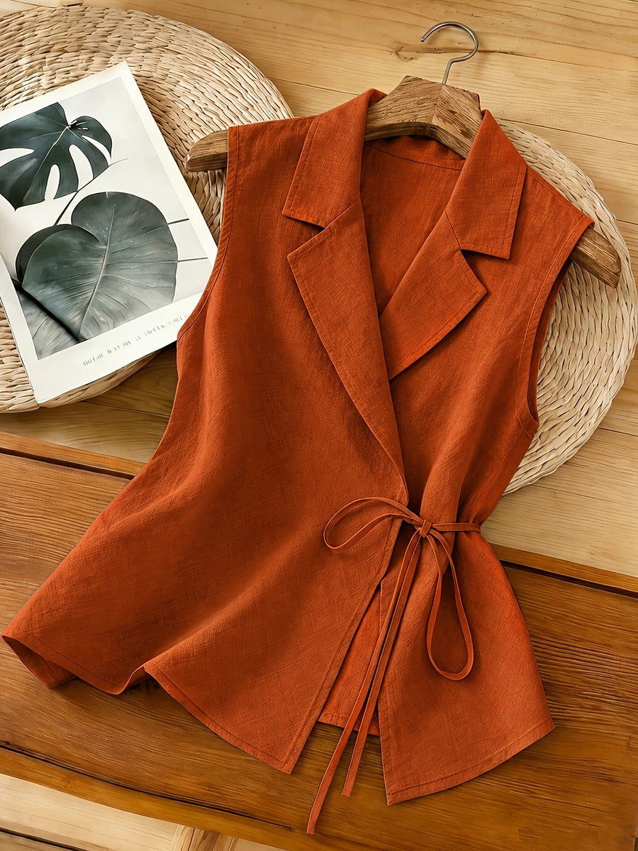 2026 New Sleeveless Vest, Lapel Tie-Waist Waist-Cinching Commuter Temperament Outer Top - Loess Ochre