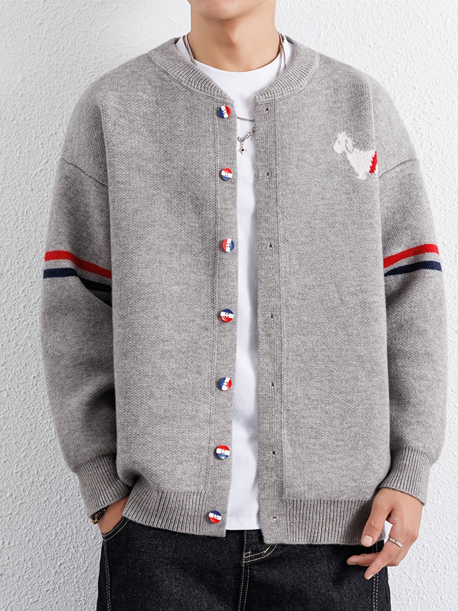 Du Jing Lan OBM 1pc Autumn/Winter New Arrival Men's Knitted Cardigan, Old Money Style Textured Contrast Color Crew Neck Single-Breasted Open Front Long Sleeve Knitted Cardigan Base Layer Top, Men's Casual Fashion, Suitable for Autumn and Winter Wear - Grey