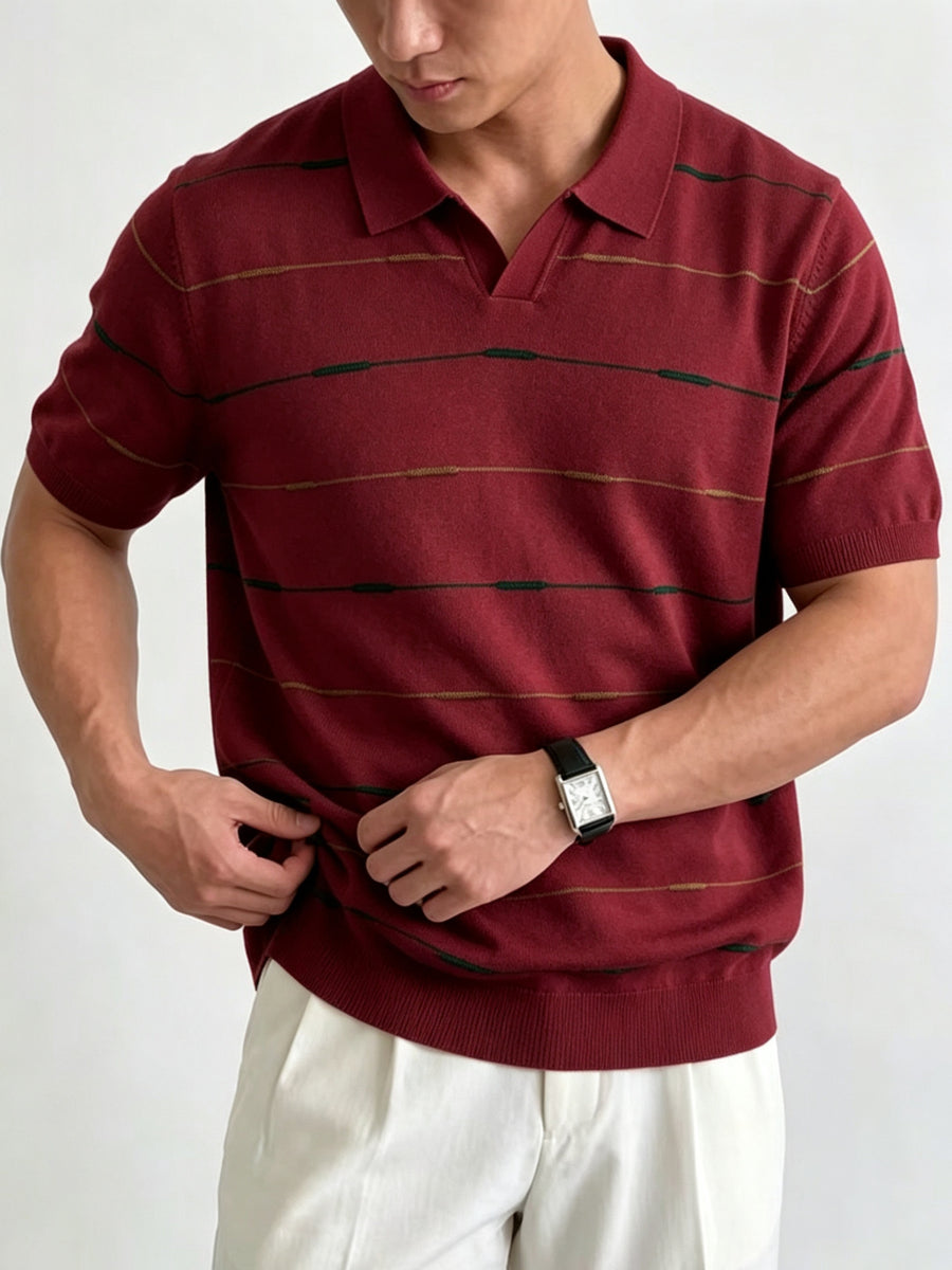 Men'S Contrast Narrow Stripe V-Neck Polo Knit Short Sleeve Summer Ice Fiber Fabric Slim Fit Breathable Top, Lightly Mature Commuter Textured Lapel Base Layer, Easy Versatile Casual Men'S Knit Polo Shirt - Burgundy