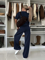 Women'S Suit Set, Air Mesh Fabric Relaxed Short Sleeve Wide-Leg Pants Set, Casual Wear - Navy Color
