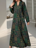 New Spring/Autumn Middle Eastern Style Elegant Women's Paisley Print Long Dress, Loose Fit Holiday Style Lapel Collar Long Sleeve Dress - Green