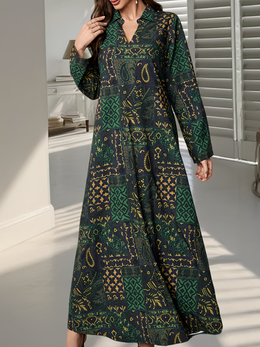 New Spring/Autumn Middle Eastern Style Elegant Women's Paisley Print Long Dress, Loose Fit Holiday Style Lapel Collar Long Sleeve Dress - Green