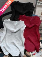 3pcs Men's Hooded Tank Tops - Korean Style Sleeveless Vests, Loose Fit Slimming Athletic Shirts Suitable for Summer Gym, Layering Base Layers, Machine Washable Solid Color Tops, Multi-Color Options for Casual & Outdoor Wear - Gray+red+black