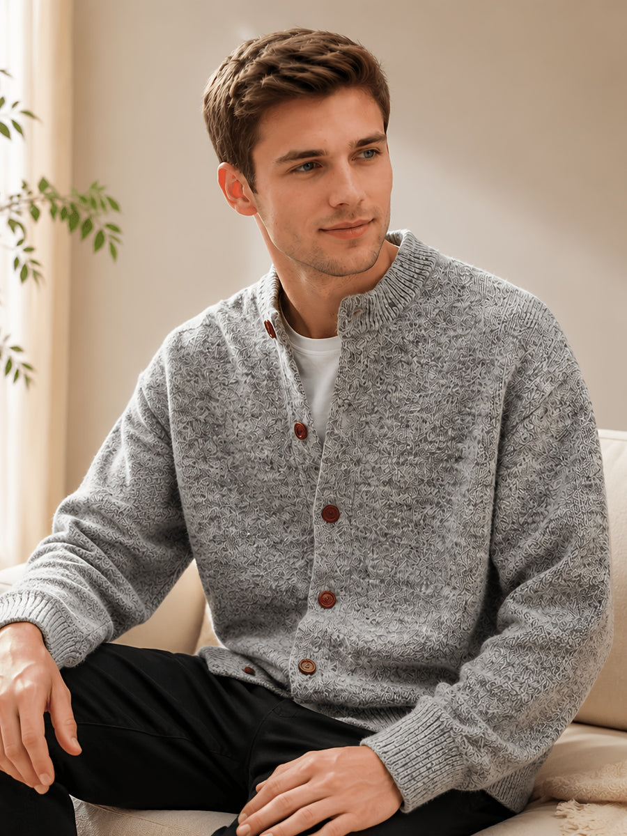 [Wading Whale OBM] Autumn Winter New Men'S Knit Cardigan, Old Money Style Solid Color Striped Single-Button Open Front Round Neck Sweater for Business Casual Fashion, Suitable for Spring, Autumn, Winter Layering Or Outerwear, Fits Daily Casual - Light Grey