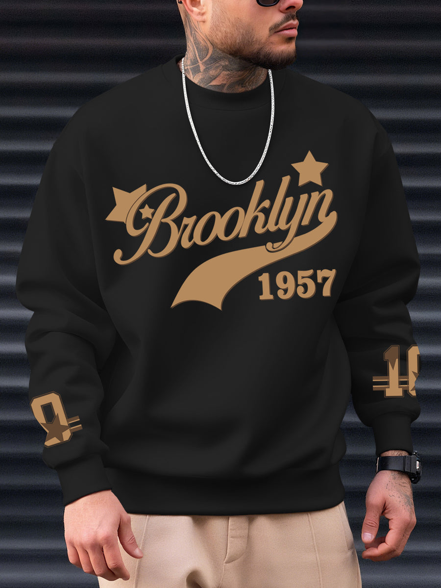 Western Adult Brooklyn 1957 Retro Star Logo Sweatshirt, American Street Oversized Style Heavyweight Texture Men'S Essential, Suitable for Shopping, Gatherings, Outdoor Activities, Daily Commuting, Machine Washable, Autumn Essentials - Black