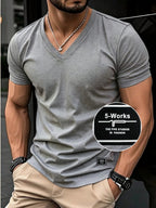 180g 100% Men's V-Neck Short-Sleeve Top, Casual T-Shirt, Solid Color Base Layer, "5-work" Summer All-Season Base Layer, Factory-Made for Men, Comfortable, High Quality, High Fit Rate, Casual Sportswear - Light Grey