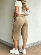 Women'S Solid Color Seven-Point Pants Elastic Waist Casual Pants with Pockets Seven-Point Pants - Khaki
